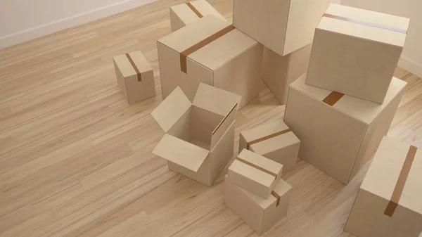Kartonház mozgó csomagoló dobozok (3D renderelés) — Stock Fotó