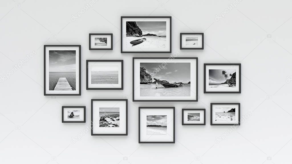 Photo frame on wall - Sea picture(3d rendering)
