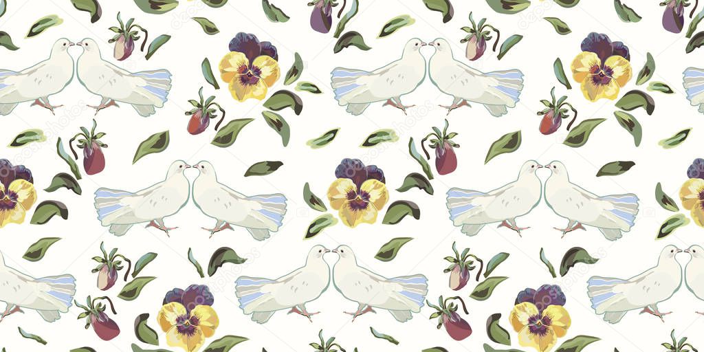 Cream pattern with pansy and dove.