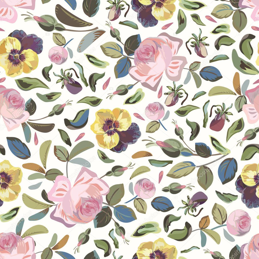 Cream pattern with pansy and dove.