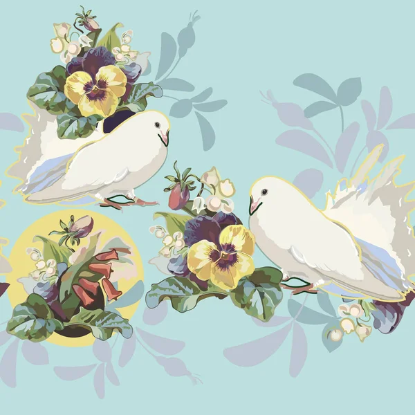 Bordure bleue avec bouquet de fleurs et oiseau . — Image vectorielle