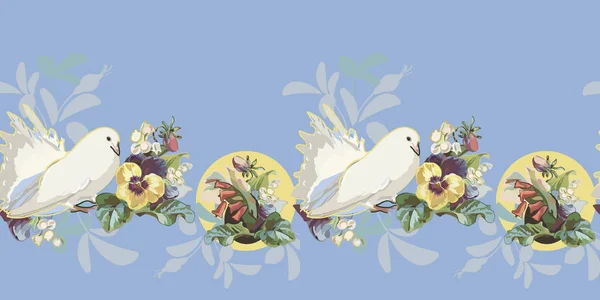 Fronteira azul com buquê de flores e pássaro . —  Vetores de Stock