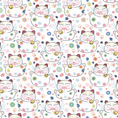 Mutlu kedi ve florals ile beyaz desen.