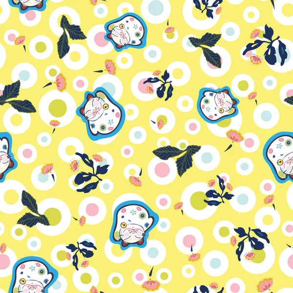 Modèle jaune avec chat heureux, point et floral . — Image vectorielle