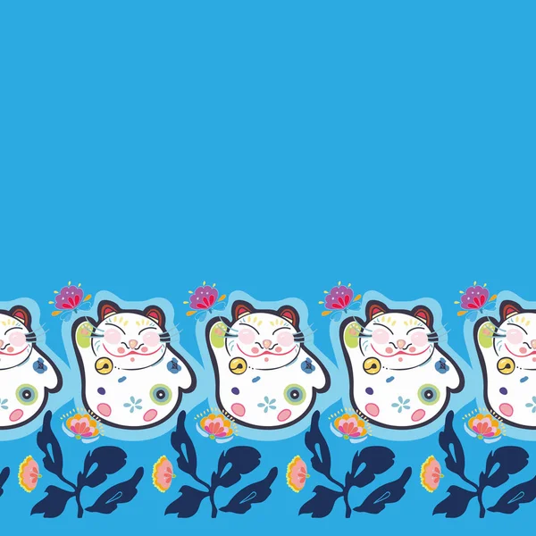 Blue border with happy cat and florals. — Stock Vector