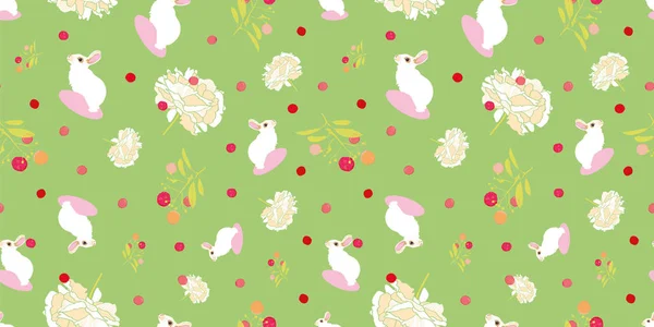 Green floral pattern with rabbit and dot. — Stock Vector