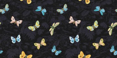 Kelebek ile modern egzotik orman yaprağı desen.