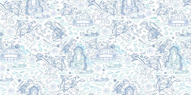 Refah meditasyon Buda deseni. Egzotik orman lagünü peyzajsız modern tasarım.