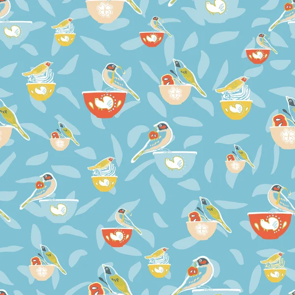 Mignon oiseau de cuisine vintage et motif bol — Image vectorielle