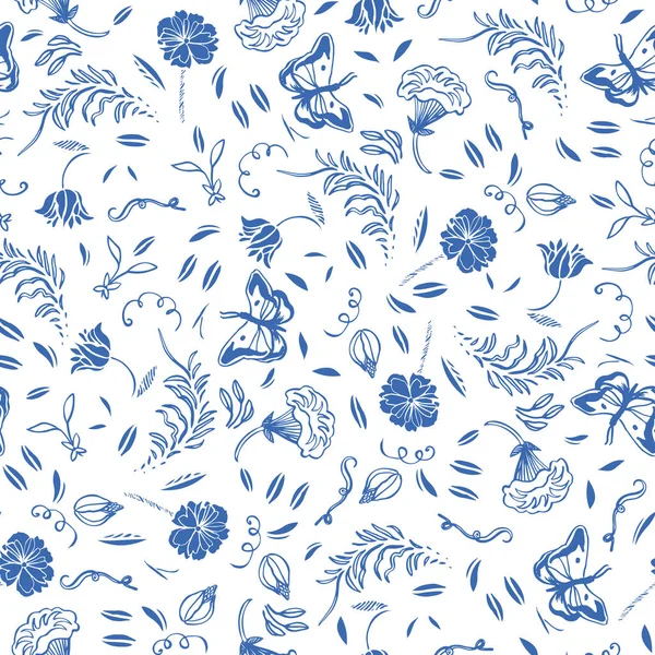 Delft blaue königliche Hand gezeichnet elegantes Blumenmuster. — Stockvektor