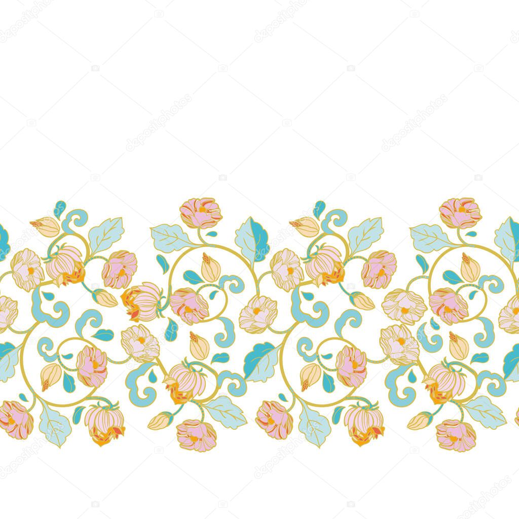 Vector Royal Baroque Intarsia Style Pastel Floral Border Seamless Design With Hand Drawn Historic Florals On White Background Nature Background Surface Pattern Design 394417778 Larastock