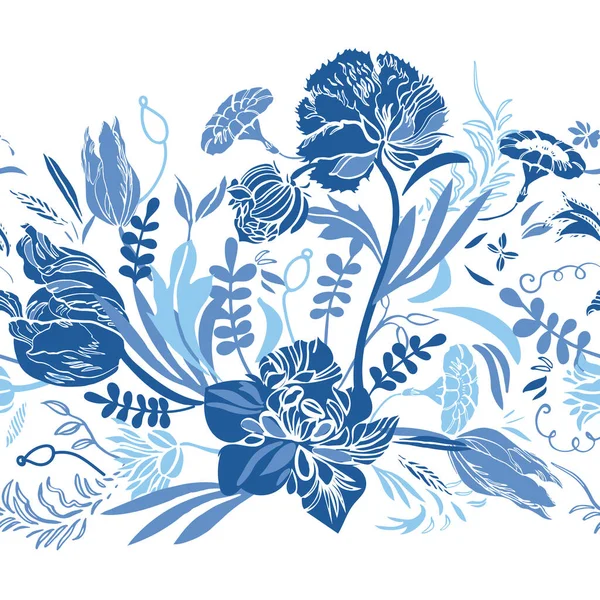 Klasik klasik porselen mavi çiçekli kenar. Kraliyet eliyle zarif bir barok çiçek tasarımı çizdi.. — Stok Vektör