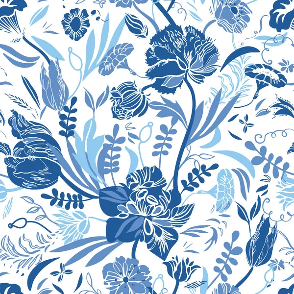 Klassiek vintage porselein blauw bloemmotief. Royal met de hand getekend elegante barokke bloemmotief. — Stockvector