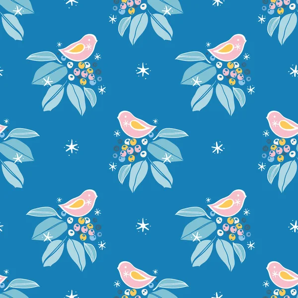 Botanique hiver baie rose motif oiseau. Design de style art populaire dessiné à la main. — Image vectorielle