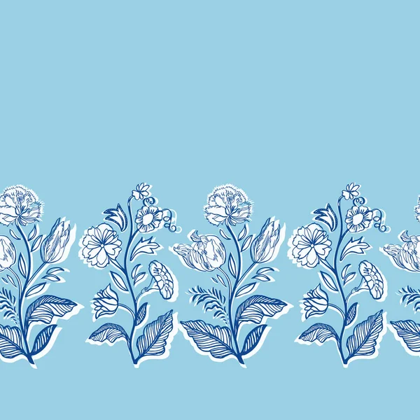 Blauwe vintage bloemen botanie rand. Elegant met de hand getekend bloemmotief. — Stockvector