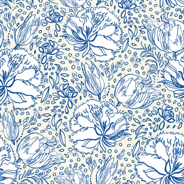 Vintage Porzellan blaues Blumenmuster. Elegantes Retro-Blumenmuster mit halben Tropfen. — Stockvektor
