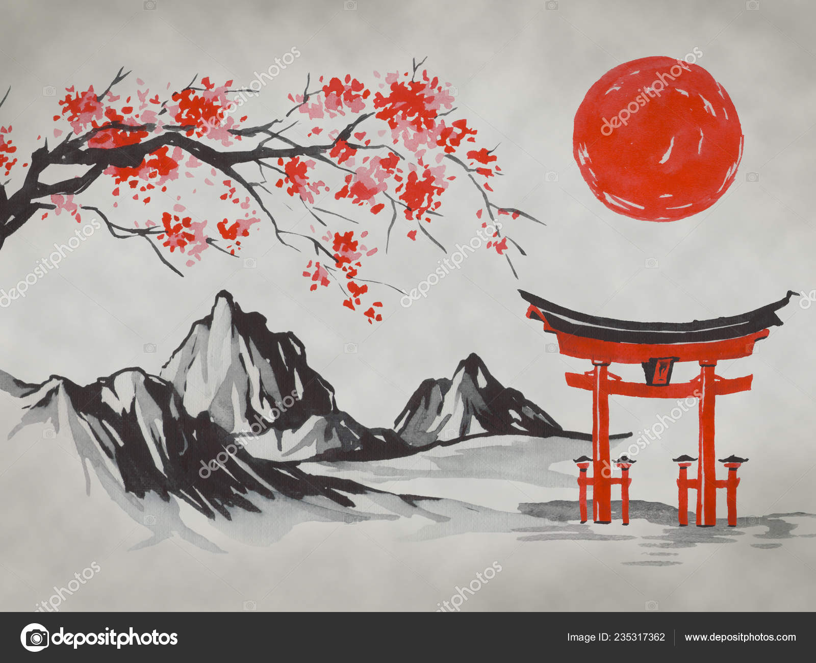 Japan traditional sumie painting. Fuji mountain, sakura, sunset. Japan