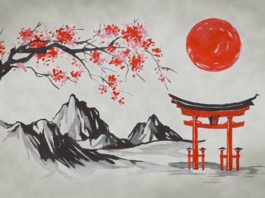 Geleneksel Japon sumi tablosu. Fuji dağı, sakura, gün batımı. Japon güneşi. Hint mürekkebi çizimi. Japonca resim.