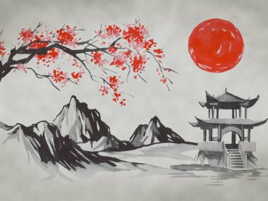 Geleneksel Japon sumi tablosu. Fuji dağı, sakura, gün batımı. Japon güneşi. Hint mürekkebi çizimi. Japonca resim.