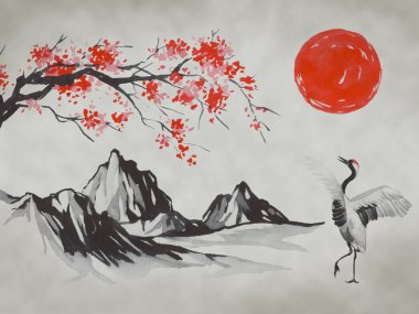 Geleneksel Japon sumi tablosu. Fuji dağı, sakura, gün batımı. Japon güneşi. Hint mürekkebi çizimi. Japonca resim.