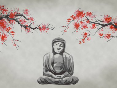 Geleneksel Japon sumi tablosu. Fuji dağı, sakura, gün batımı. Japon güneşi. Hint mürekkebi çizimi. Japonca resim.