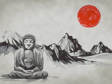 Geleneksel Japon sumi tablosu. Fuji dağı, sakura, gün batımı. Japon güneşi. Hint mürekkebi çizimi. Japonca resim.