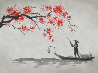 Geleneksel Japon sumi tablosu. Fuji dağı, sakura, gün batımı. Japon güneşi. Hint mürekkebi çizimi. Japonca resim.