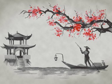Geleneksel Japon sumi tablosu. Fuji dağı, sakura, gün batımı. Japon güneşi. Hint mürekkebi çizimi. Japonca resim.