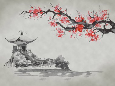 Geleneksel Japon sumi tablosu. Fuji dağı, sakura, gün batımı. Japon güneşi. Hint mürekkebi çizimi. Japonca resim.