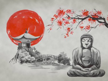 Geleneksel Japon sumi tablosu. Fuji dağı, sakura, gün batımı. Japon güneşi. Hint mürekkebi çizimi. Japonca resim.