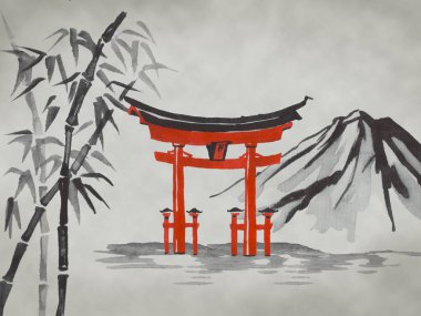Geleneksel Japon sumi tablosu. Fuji dağı, sakura, gün batımı. Japon güneşi. Hint mürekkebi çizimi. Japonca resim.