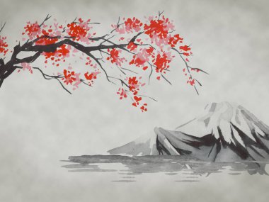 Geleneksel Japon sumi tablosu. Fuji dağı, sakura, gün batımı. Japon güneşi. Hint mürekkebi çizimi. Japonca resim.