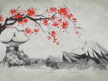Geleneksel Japon sumi tablosu. Fuji dağı, sakura, gün batımı. Japon güneşi. Hint mürekkebi çizimi. Japonca resim.