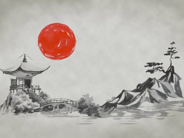 Geleneksel Japon sumi tablosu. Fuji dağı, sakura, gün batımı. Japon güneşi. Hint mürekkebi çizimi. Japonca resim.