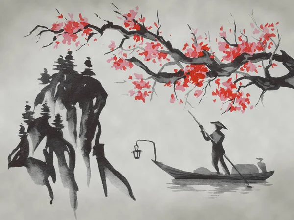 Japan traditional sumi-e painting. Fuji mountain, sakura, sunset. Japan sun. Indian ink illustration. Japanese picture.