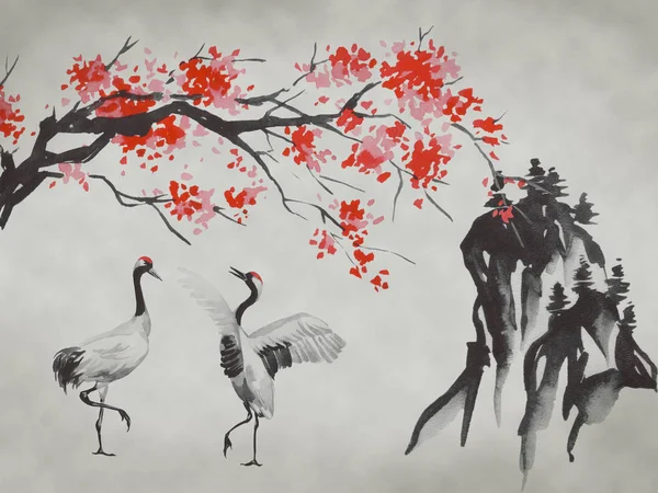 Japão pintura tradicional sumi-e. Montanha Fuji, sakura, pôr-do-sol. Sol do Japão. Ilustração de tinta indiana. Imagem japonesa. — Fotografia de Stock