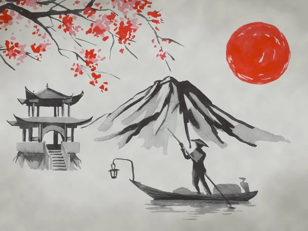 日本の伝統的な墨絵。富士山、桜、夕日。日本の太陽。インドのインクイラスト。日本画. — ストック写真