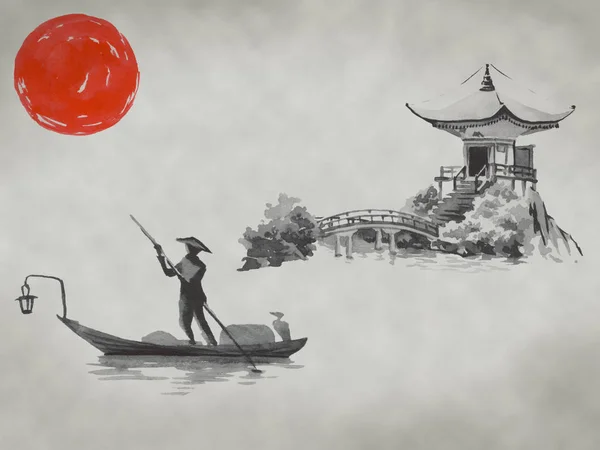 Japón tradicional sumi-e pintura. Montaña Fuji, sakura, puesta de sol. Japón sol. Ilustración de tinta india. Imagen japonesa. —  Fotos de Stock