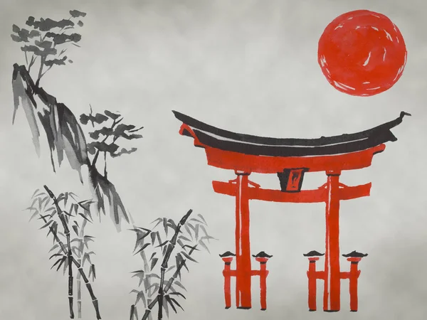 日本の伝統的な墨絵 富士山 日本の太陽 インドのインクイラスト 日本画 — ストック写真