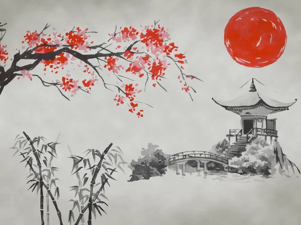 Giappone tradizionale pittura sumi-e. Montagna Fuji, sakura, tramonto. Sole giapponese. Illustrazione inchiostro indiano. Immagine giapponese. — Foto Stock