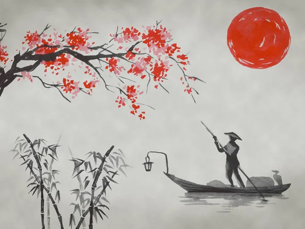 日本の伝統的な墨絵。富士山、桜、夕日。日本の太陽。インドのインクイラスト。日本画. — ストック写真