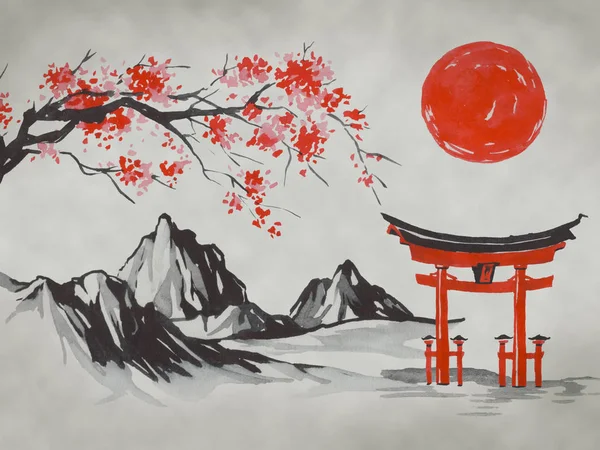 Japan traditional sumi-e painting. Fuji mountain, sakura, sunset. Japan sun. Indian ink illustration. Japanese picture.