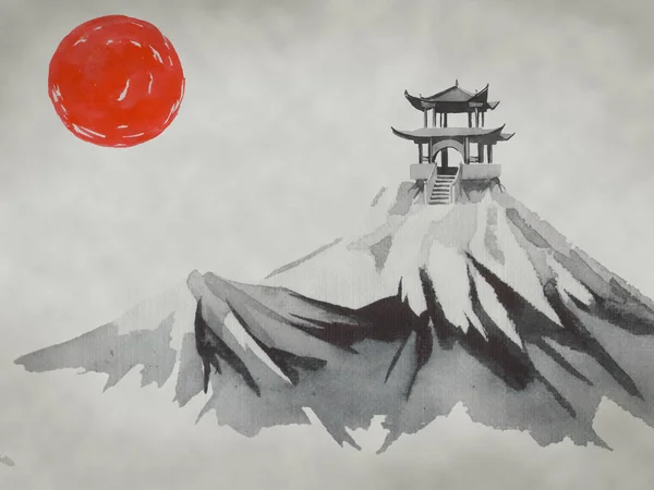 Japón tradicional sumi-e pintura. Montaña Fuji, sakura, puesta de sol. Japón sol. Ilustración de tinta india. Imagen japonesa. — Foto de Stock