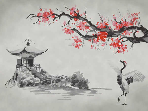 Geleneksel Japon sumi tablosu. Fuji dağı, sakura, gün batımı. Japon güneşi. Hint mürekkebi çizimi. Japonca resim.