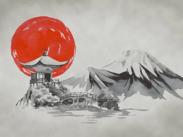 Japanische traditionelle Sumi-e-Malerei. Fuji-Berg, Sakura, Sonnenuntergang. Japans Sonne. Tuscheillustration. Japanisches Bild. — Stockfoto