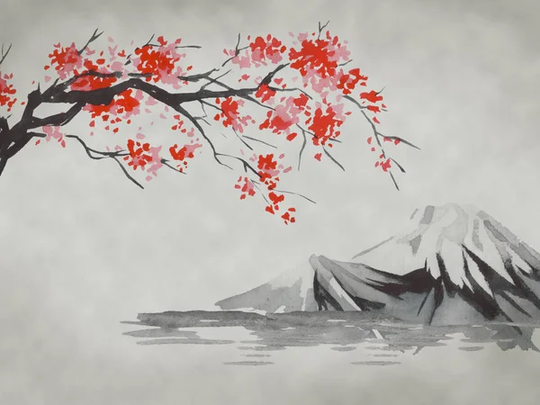 Japan traditionele sumi-e schilderij. Fuji berg, sakura, zonsondergang. Japanse zon. Indische inkt illustratie. Japanse foto. — Stockfoto