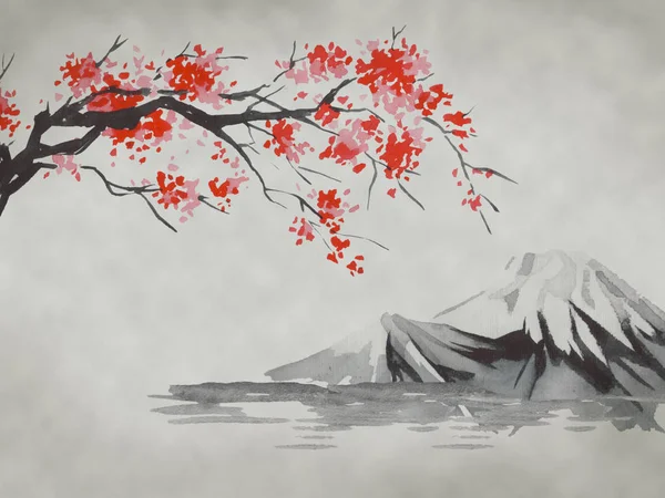 Japonská tradiční sumi-e malba. Hora Fuji, sakura, západ slunce. Japonské slunce. Inkoustová ilustrace. Japonský obrázek. — Stock fotografie