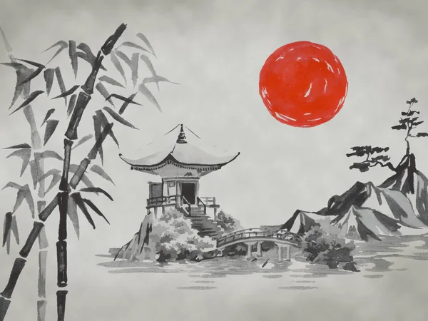 Japan traditional sumi-e painting. Fuji mountain, sakura, sunset. Japan sun. Indian ink illustration. Japanese picture.