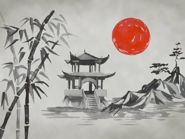 Japanische traditionelle Sumi-e-Malerei. Fuji-Berg, Sakura, Sonnenuntergang. Japans Sonne. Tuscheillustration. Japanisches Bild. — Stockfoto