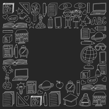 Vektör doodle tarzı ortaokul simgeler kümesi. Boyalı, siyah siyah-beyaz tebeşir resimler bir kara tahta üzerinde.